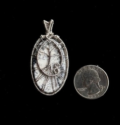 Wrapped Tree of Life Pendant On White Moss Agate 925 Sterling Silver