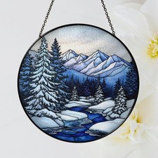 Mountain Range Stained Glass Suncatcher, Winter Holiday Window Decor