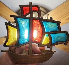 VTG Stained Glass Sails On A Brass Metal Boat Decorative SHIP DECOR Nautical