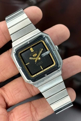 Square Vintage Seiko 5 Automatic Call 6349-6040 Stainless Steel Wristwatch Japan