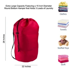 RED Heavy Duty Laundry Bag w/Strap, 22"x28" Round Bottom Hamper, Large 2 Loads