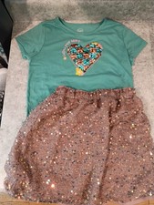 Wonder Nation Girls 2pc Outfit Set L 10-12 Sequin Heart Tee Pink Skirt