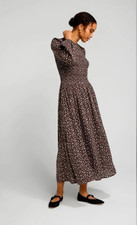 Madewell Brown Floral Melody Puff-Sleeve Smocked Midi Dress Size Large