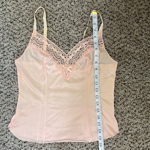 Vtg Olga 70s 80s Style 1073 Peach Pink Nylon Floral Lace Trim Cami Top 32 Bow - Picture 8 of 8