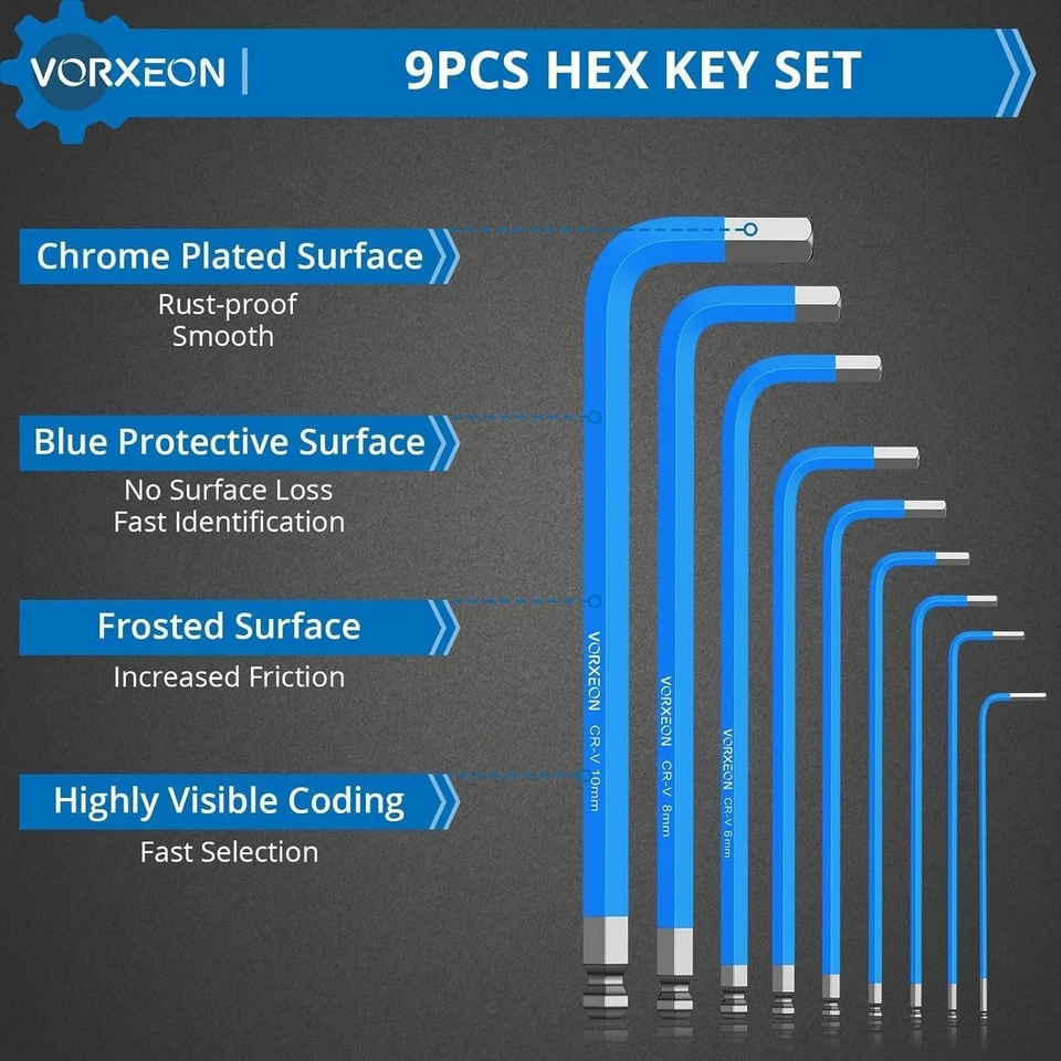 Hex Key Set 1.5mm-10mm, 9PCS Metric Long Ball End Blue Allen Key Set L-key with - Image 3 of 4