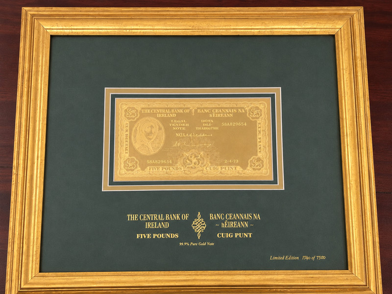 1973 Central Bank of Ireland 24K Gold 5 Pound Note Framed LE 1540/7500 12x14.5