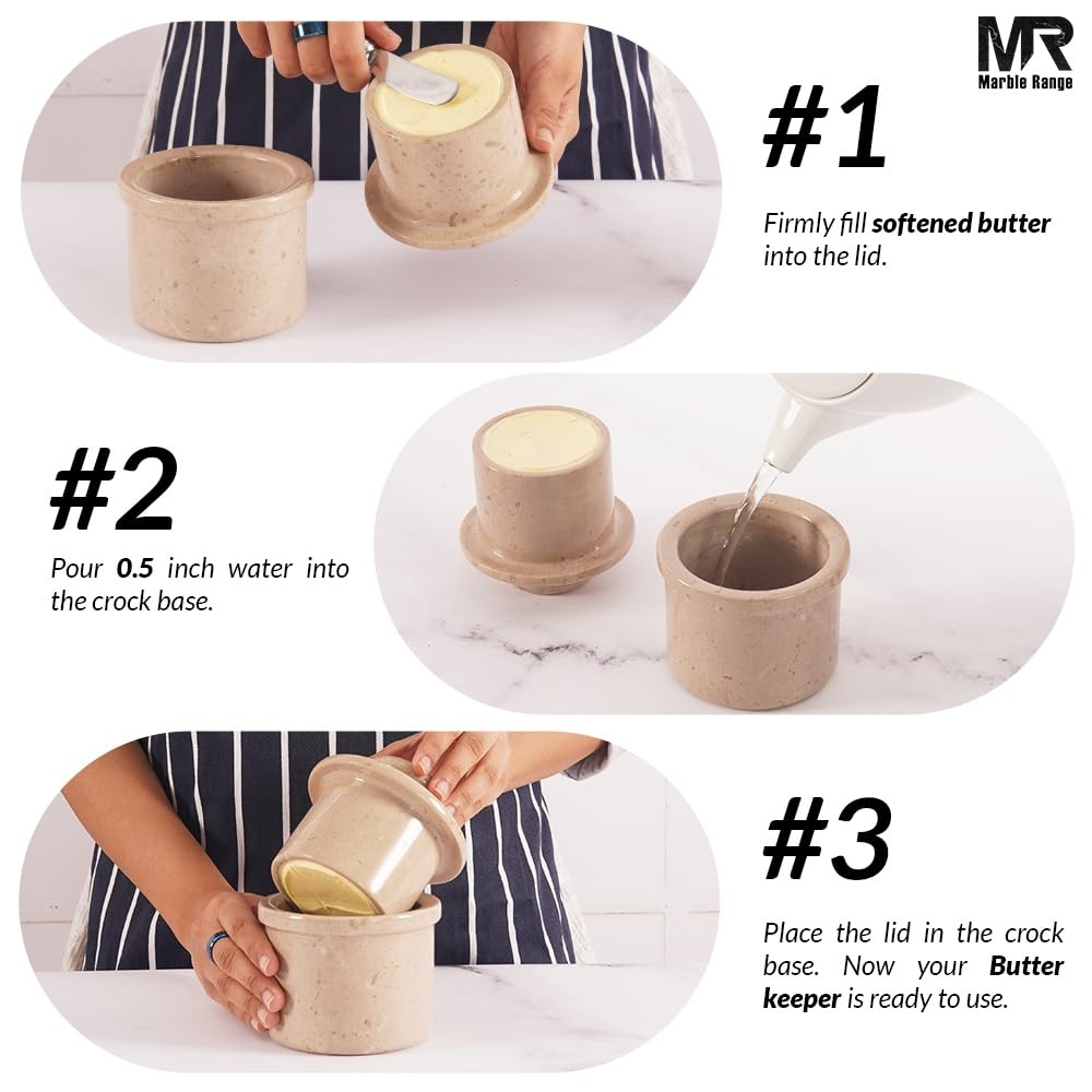 Marble Butter Keeper with Lid Handmade Verona French Crock for Countertop 4.2...