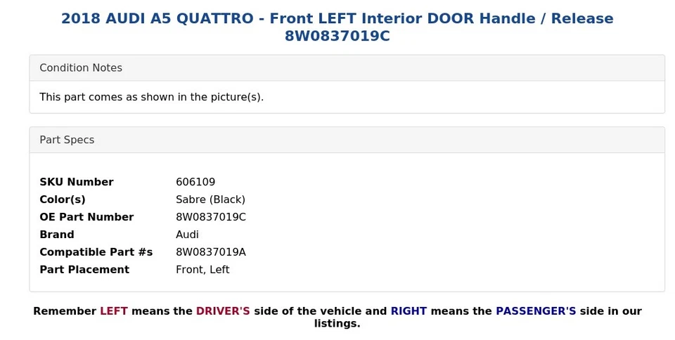 Audi A5 Quattro 2018 - manija de puerta interior delantera izquierda/lanzamiento 8W0837019C Foto 4 de 4