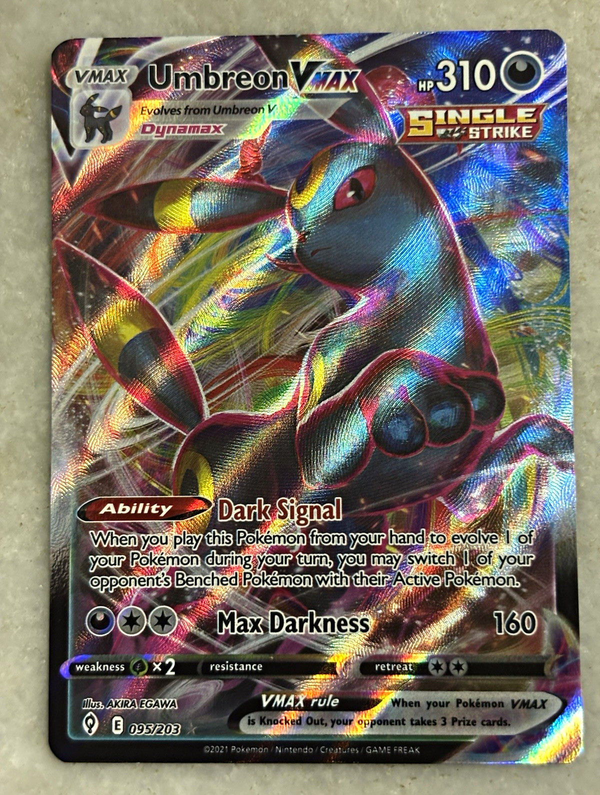 Pokemon TCG Umbreon VMAX 095/203 Evolving Skies Single Strike Holo UR EN