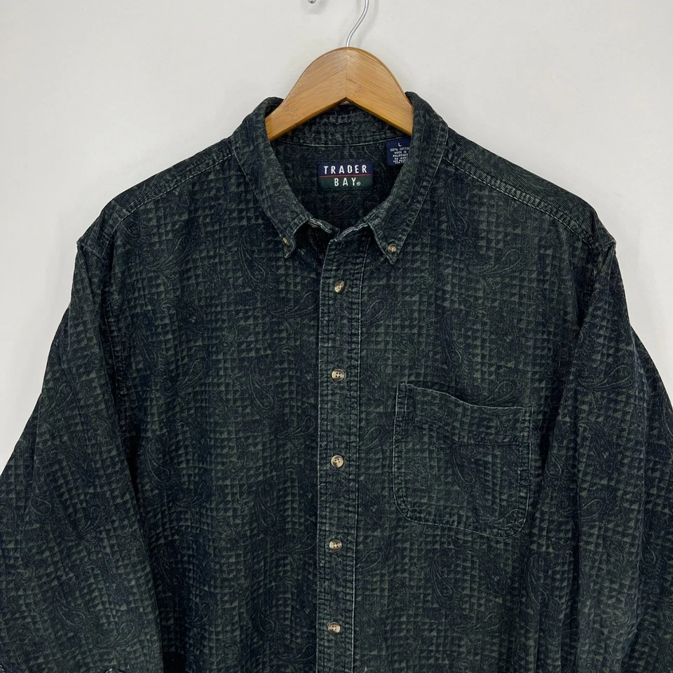 Trader Bay Long Sleeve Button Shirt Men's L Black Paisley Print Vtg 90s Cotton - Image 2 of 4