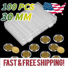 100-PCS 30MM Clear Round Coin Capsules Plastic Coin Holders White Gaskets  Box