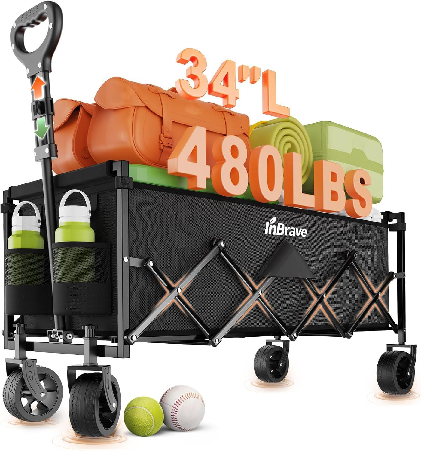 Extra Long Collapsible Wagon Cart, 480LBS Heavy Duty Utility Wagons with All-Ter