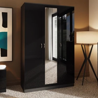 FWSTYLE Black Gloss 3 Door Mirrored Wardrobe Full Length Hanging Rail With Shelves