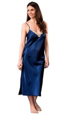 Shadowline Women's Nightgown Navy Blue Satin Lace Trim Silky Slip Dress Long