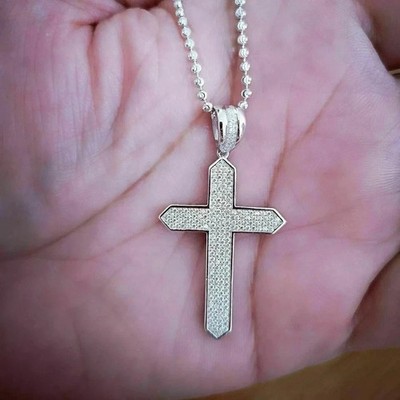 2CT Round Lab Created Diamond Men's Cross Chain Pendant 14K White Gold Finish