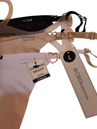 BCBGeneration 3 Pack Shimmer Bright Thong Panties Black Beige Pink Size L. - 第 5/8 張圖片