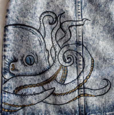 Vtg Limited Express Acid Wash Denim Jean Skirt Handpainted Octopus