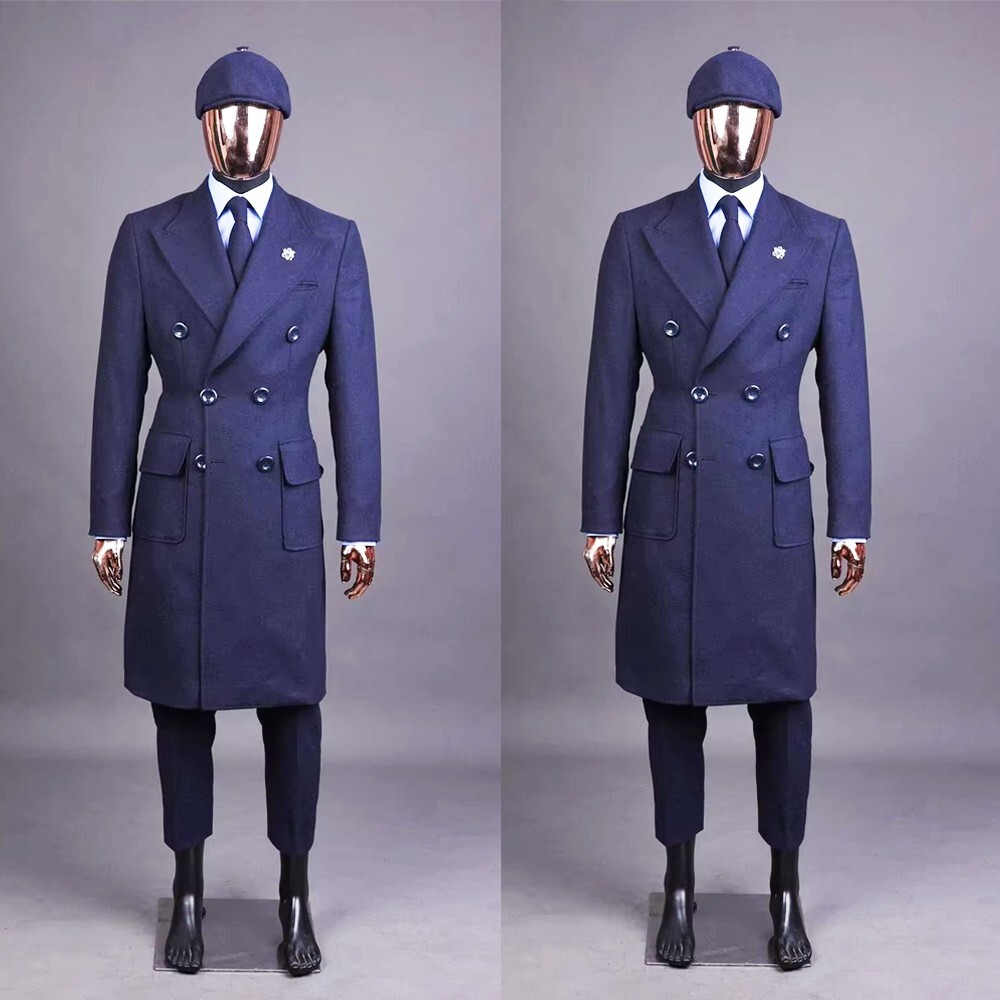 ネイビーブルー メンズ オーバーコート ダブルブレストピーク ラペル 冬 屋外 ロングジャケット