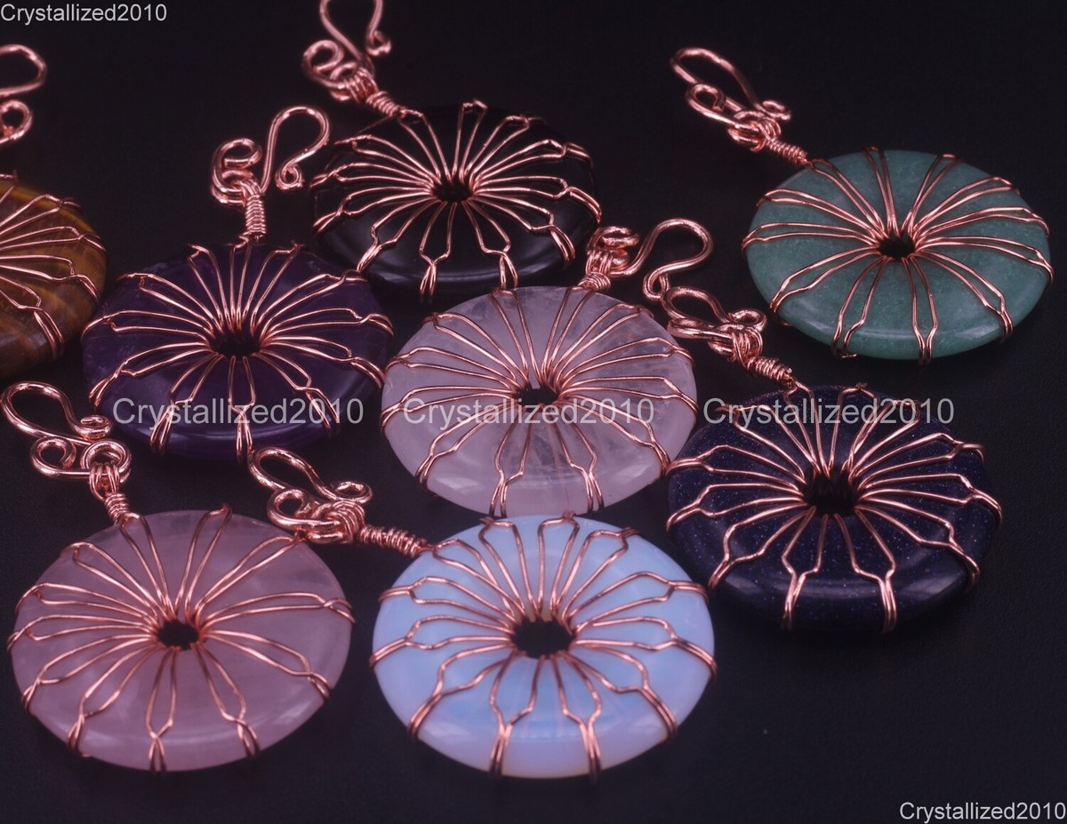 Natural Gemstone Round Donut Ring Wire Wrap Flower Pendant Healing Beads  Rose GD