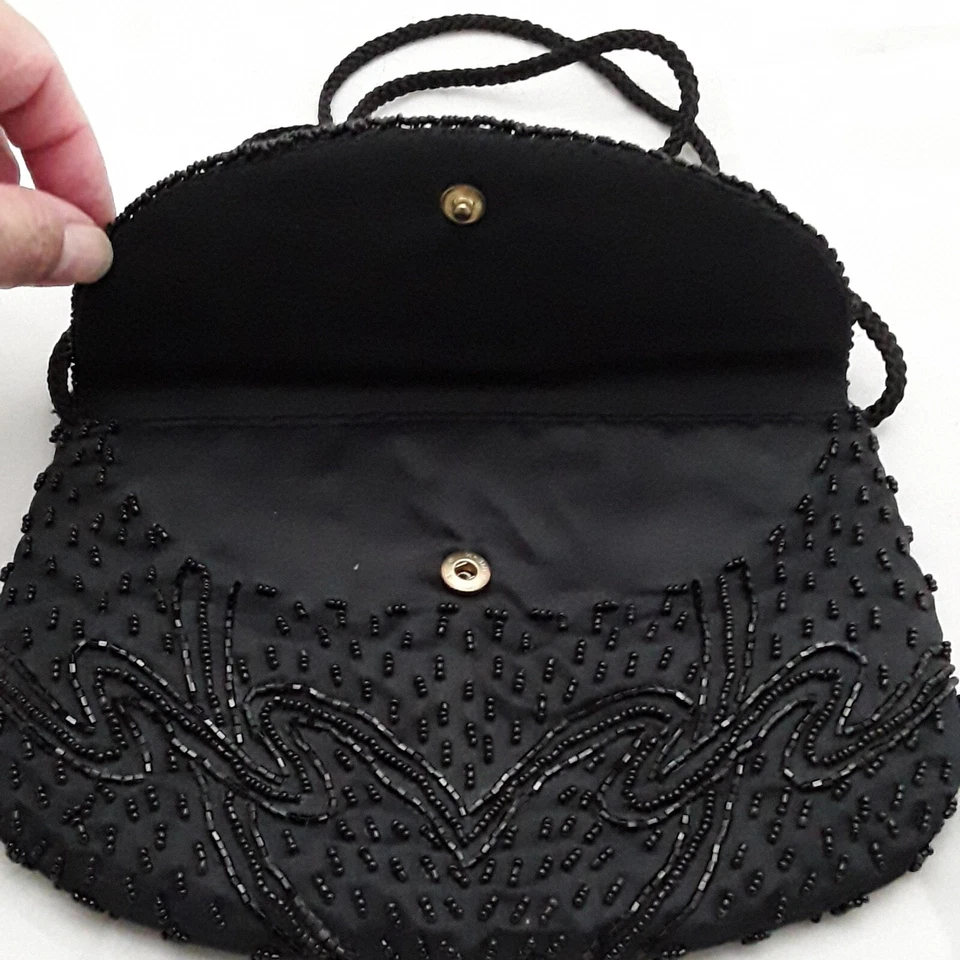 Bolso Cartera de Noche para Mujer Negro Adornado con Cuentas Cierre a Presión Correa Trenzada Foto 4 de 4