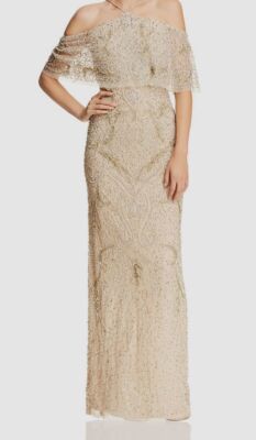 $595 Aidan Mattox Women's Beige Cold-Shoulder Beaded Gown Formal
