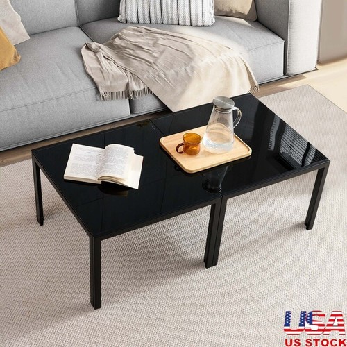 Modern Coffee Table Set 2 Tempered Glass Top Metal Base End Tables Living Room