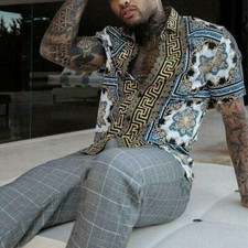 Button Down Shirts Men's Blue Gold Party Short Sleeve Casual Fashion Silky Dress