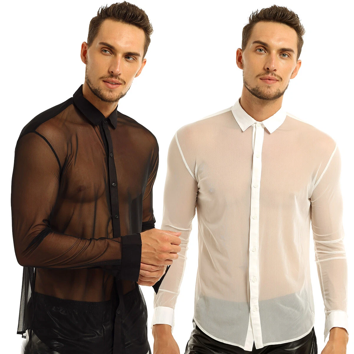 Mens See Through Mesh Sheer Shirt Long Sleeve Causal Top Shirts Tee Club  Costume