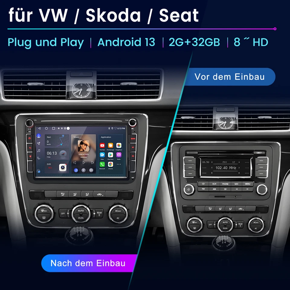 DAB+ Carplay Für GOLF 5 PASSAT Jetta Android13 Autoradio GPS Nav WiFi SWC BT 32G - Bild 2 von 4