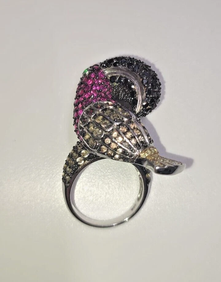ARGENTO 925 pappagallo con zirconi multicolor anello donna misura 19 - Immagine 3 di 4