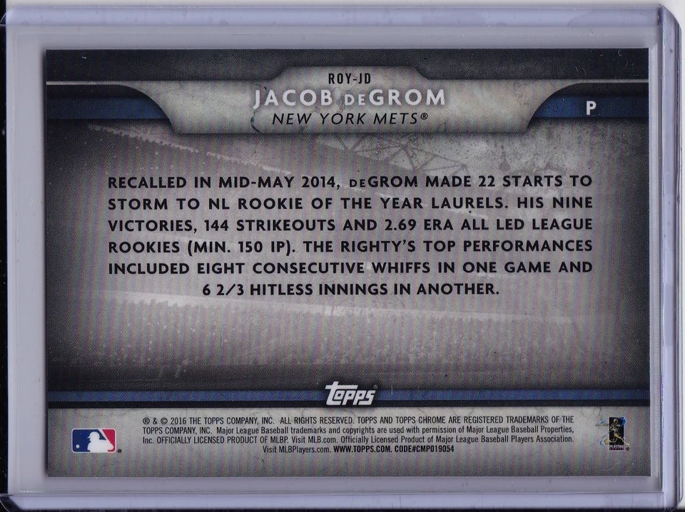 Jacob DeGrom 2016 Topps Chrome ROY Chronicles Insert Rookie of the Year Mets - Image 2 of 2