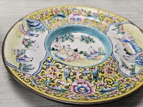 Antique Chinese Enamel Hand Painted Plate Bowl Floral Figural Design 19 Century - Picture 6 of 10