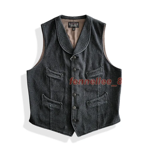 Men's Work Vest Shawl Collar Slim Waistcoat Vintage Casual Jacket Pockets Coat - Picture 6 of 17