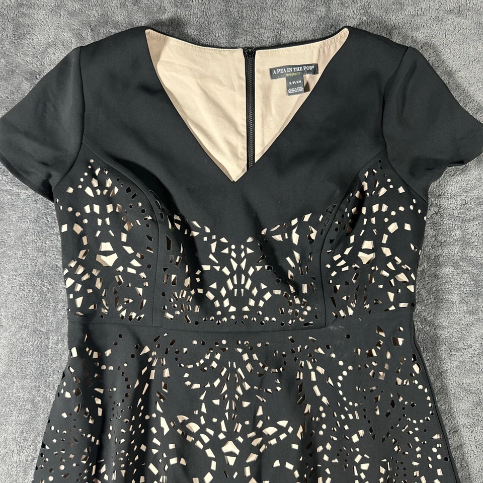 Pea In The Pod Maternity SS Cocktail Knee Dress SzS Black Nude V Cut Out Classic - Image 2 of 4