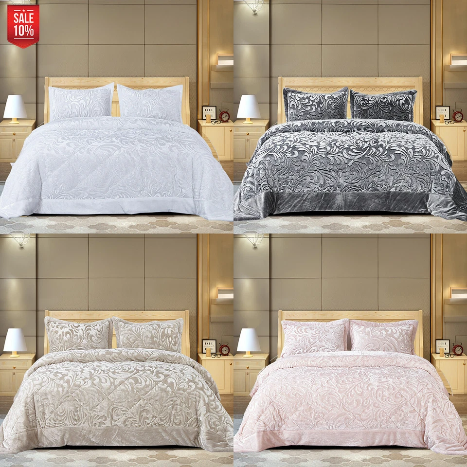 3 Piece Velvet Quilted Embossed Bedspread Bed Throw & Pillow Shams Bedding Set