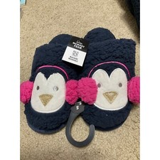 New Penguin Memory Foam Slippers Small 5-6 Navy Blue Pink Sherpa Holiday Cozy