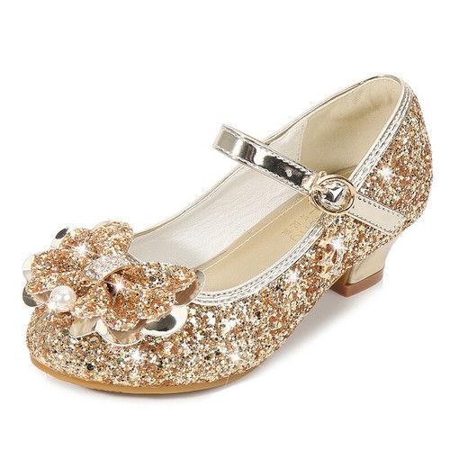 Girls Kids Childrens Low Heel Show Party Wedding Mary Jane Sparkly Sequin Shoes - Foto 8 di 17