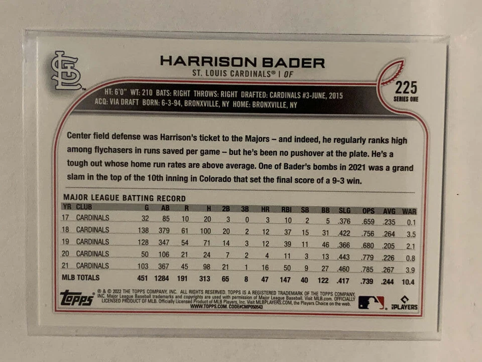 #225 Harrison Bader St Louis Cardinals 2022 Topps Series 1 Baseball Card MLB - Image 2 of 2