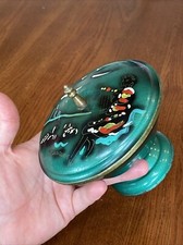 Vtg Jerusalem Israel Green Enamel Hand Painted Judaica Lidded Pedestal Bowl Dish
