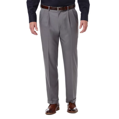 Haggar Men's Premium Comfort Stretch Classic-Fit Solid Pleated Dress Pants - Med Grey