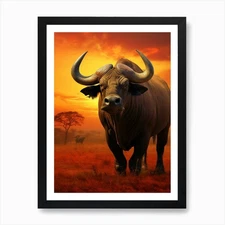 African Buffalo Sunset Portrait Rea Framed Wall Art Poster Canvas Print Picture