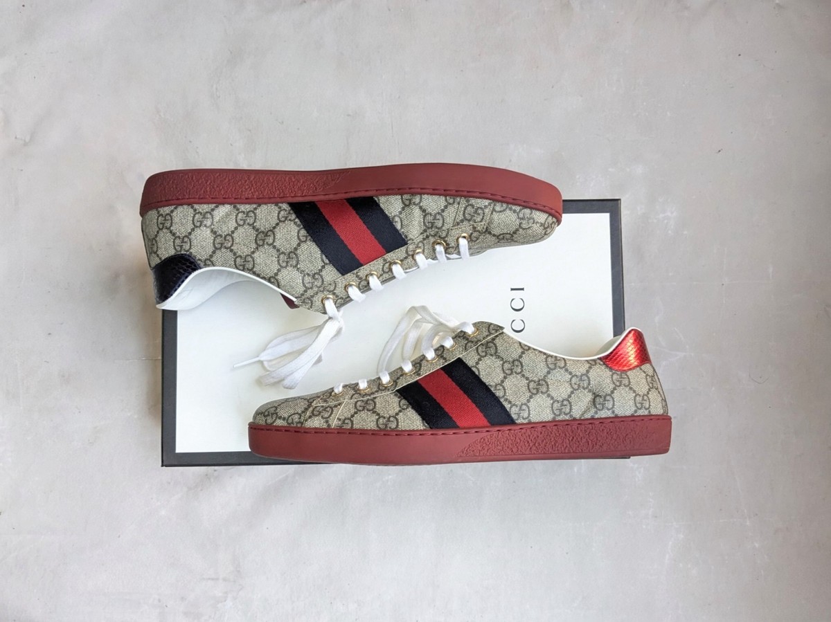 Gucci Ace Sneakers Monogram Men 11 Canvas Logo Red Shoes Low Tops