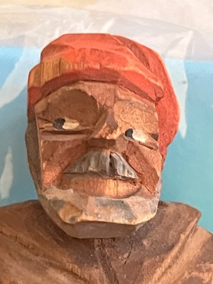 VTG Hand Carved Folk Art Outdoors Man Red Hat Coat with scarf Woodsman Wood 5  