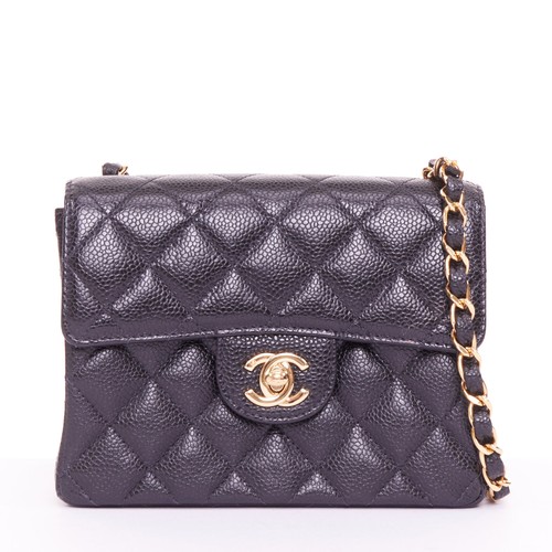 CHANEL black caviar diamond quilted gold hardware classic mini square flap bag