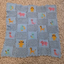 VINTAGE CROCHET BABY BLANKET BLUE W/ ANIMALS
