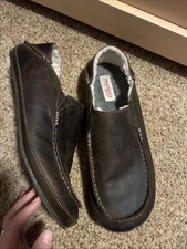 Olukai Mens Moloa Slipper Shoe Size 12Brown Leather Shearling Loafer Convertible