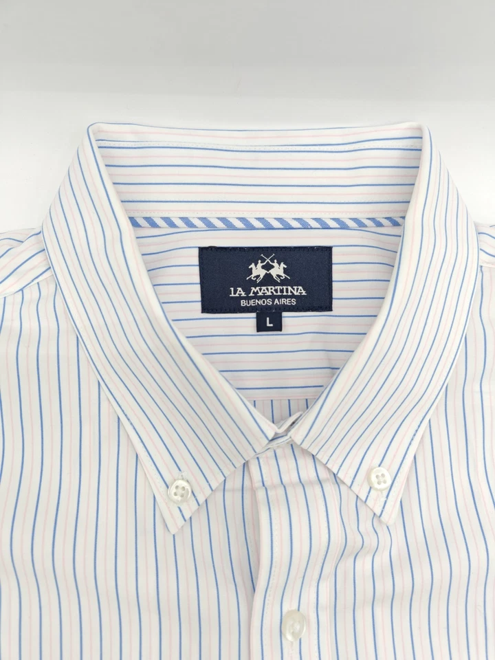 🇦🇷 Мужская рубашка La Martina Buenos Aries на пуговицах L 16,5x35 розовая синяя полоса - Изображение 2 из 4