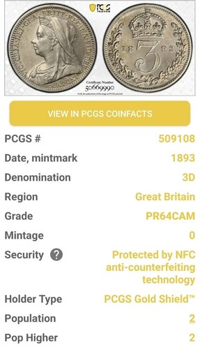 1893 Großbritannien Silber Threepence 3dD - Queen Victoria Platte von PCGS PF64CAM - Bild 6 von 6