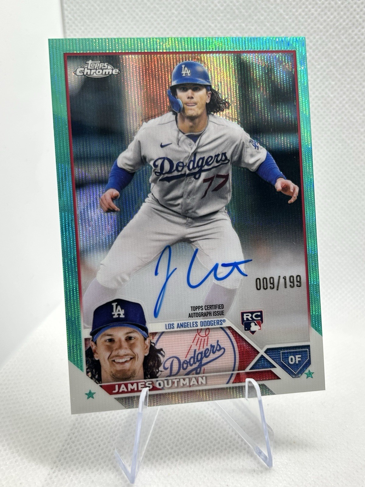 James Outman 2023 Topps Chrome  Aqua Wave Refractor RC Auto /199 #RA-JO Dodgers