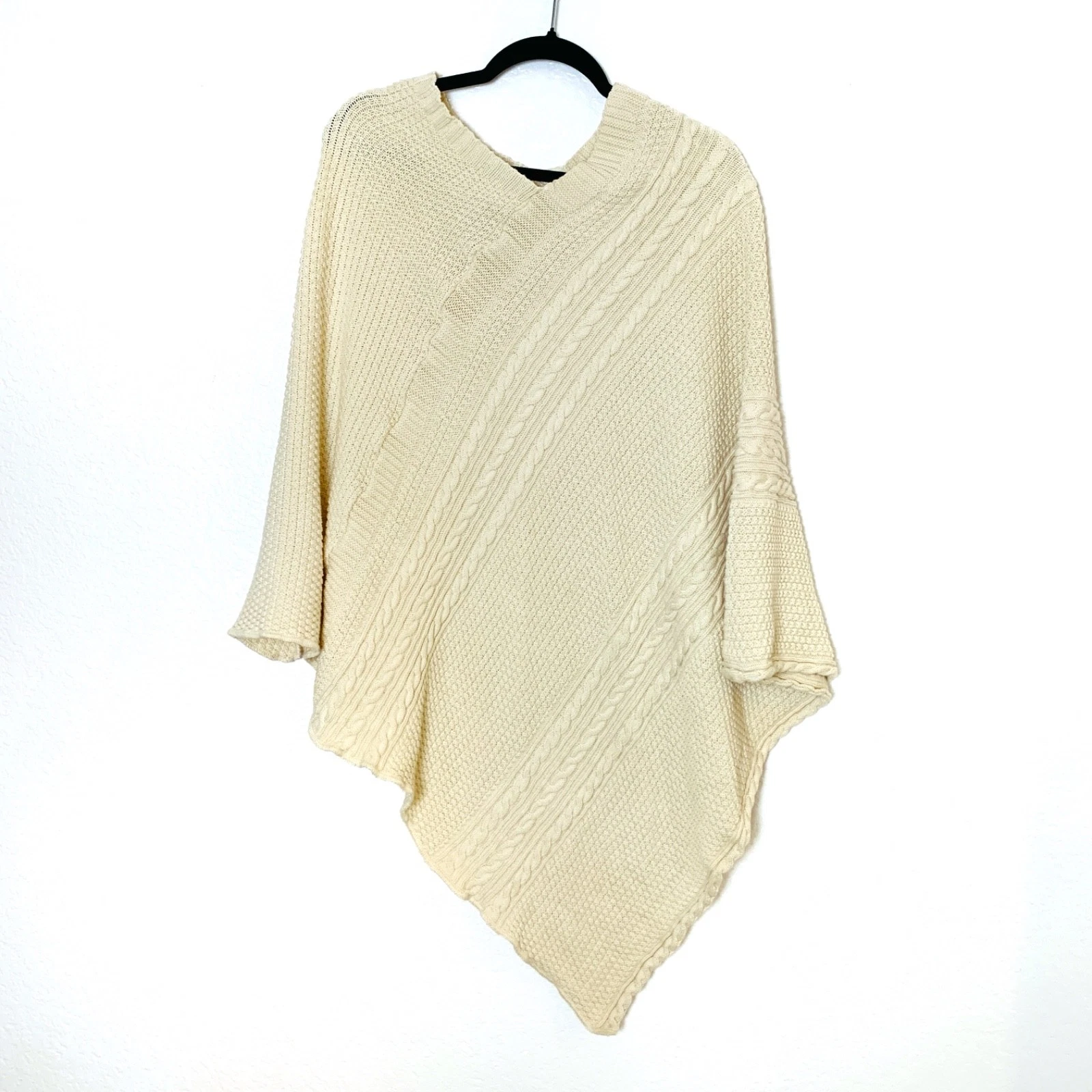 Green 3 Poncho Sweater Womens One Size Ivory Cotton Chunky Cable Fishermen USA